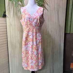 Izod Pink & White Tropical Hibiscus Floral Midi Shift Dress, V-neck, Medium, EUC